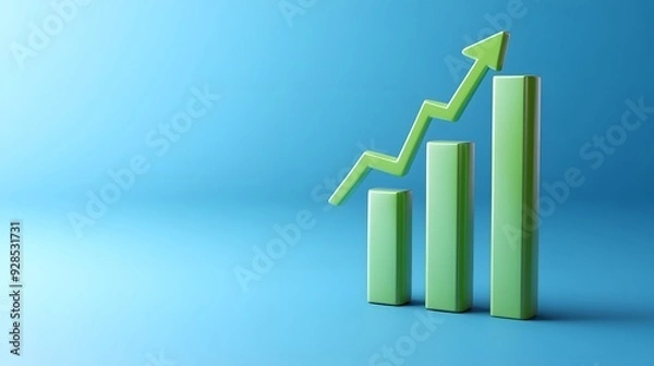 Obraz Green bar graph with upward arrow on blue background symbolizing financial growth, business success, and rising statistics.