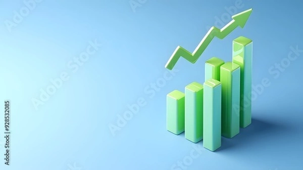 Obraz Green bar graph with upward arrow on blue background symbolizing growth, progress, and success in finance, business, and analytics.