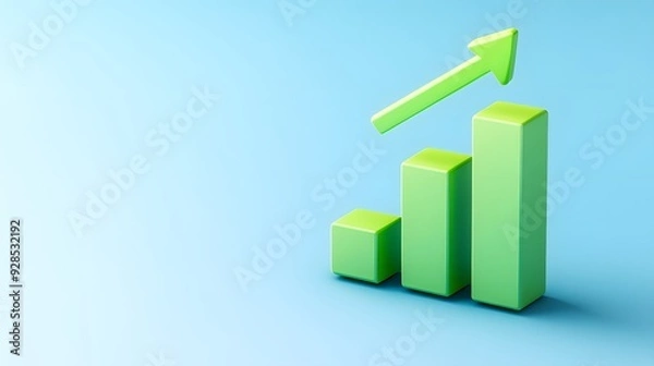 Fototapeta Green bar graph with upward arrow on blue background symbolizing growth, success, and business progress.