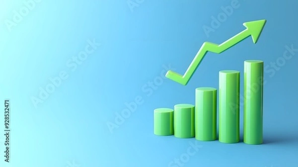 Obraz Green bar graph with upward arrow on blue background, representing business growth and success in data analysis.