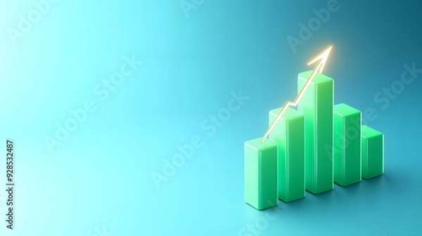 Fototapeta Green bar graph with upward arrow on blue gradient background representing success, growth, or financial improvement.