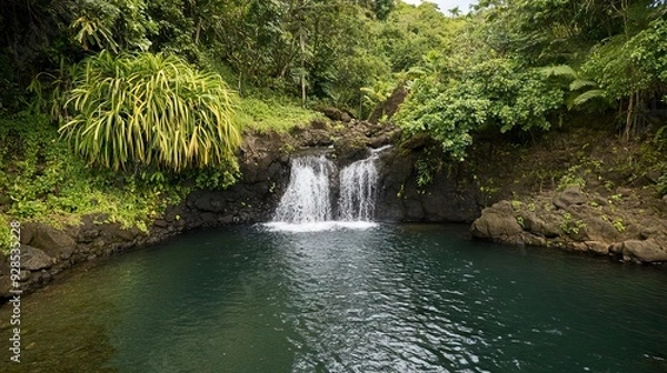 Fototapeta Secluded Waterfall Cascading into a Tranquil Pool Surrounded by Lush Tropical Foliage. AI generated illustration