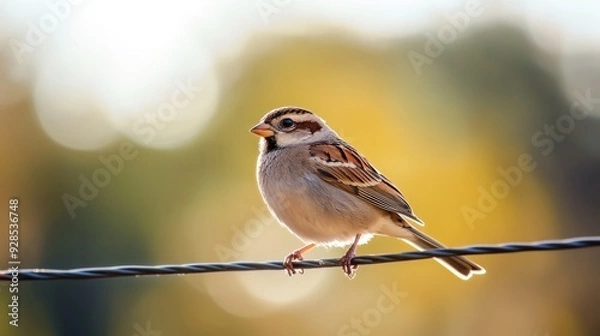 Fototapeta Sparrow on a Wire in a Golden Haze