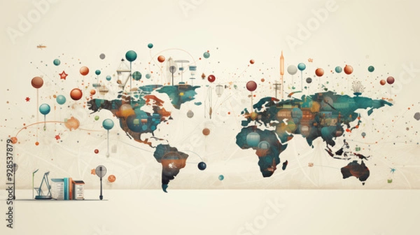 Fototapeta Global Communication Network Digital World Map with Cityscapes and Data Points