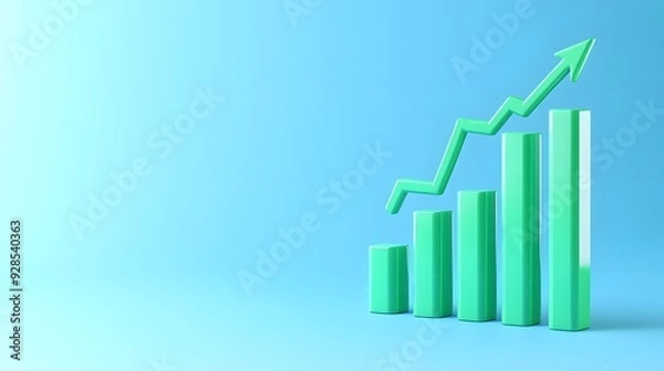 Obraz Growth chart showing increasing trend with green bars and arrow on blue background. Ideal for business, finance, and data analysis themes.