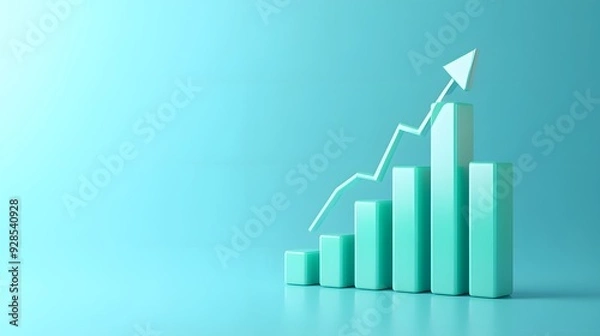 Fototapeta Minimalist 3D bar chart with rising arrow on blue background symbolizing business growth, success, and financial progress.