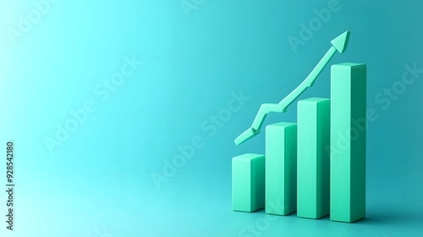 Obraz Rising bar graph with an increasing trend arrow, symbolizing growth, success, and positive business performance against a teal background.
