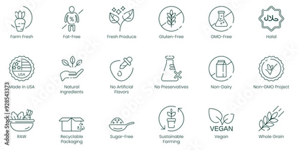 Fototapeta Illustration Icons of Farm Fresh, Fat-Free, Fresh Produce, Gluten-Free, GMO-Free, Halal, Made in USA, Natural Ingredients, No Artificial Flavors, No Preservatives, Non-Dairy, Non-GMO Project, Raw, Rec