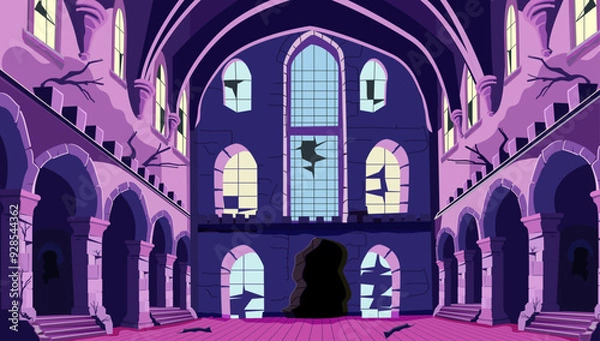 Fototapeta creepy, ballroom in medieval royal palace with broken floor tiles, cracked columns and arched windows, dusty cobwebs and empty torches on stone walls, scary dark corridor creepy Halloween scene