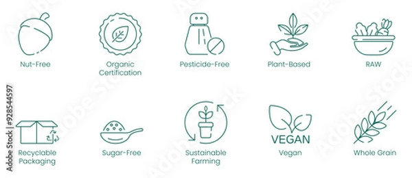 Fototapeta Illustration Icons of Nut-Free, Organic Certification, Pesticide-Free, Plant-Based, Raw, Recyclable Packaging, Sugar-Free, Sustainable Farming, Vegan, Whole Grain