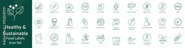 Fototapeta Illustration Icons of 100% Juice, Allergen-Free, Caffeine-Free, Farm-Fresh, Fat-Free, Fresh-Produced, Gluten-Free, GMO-Free, Halal, Kosher, Locally Sourced, Low Sodium, vector icon set