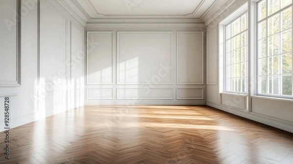 Fototapeta A large, empty room with white walls and wooden floors