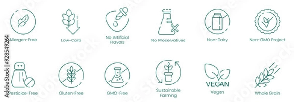 Fototapeta Allergen-Free, Low Carbs, No Artificial Flavors, No Preservatives, Non-Dairy, Non-GMO Project, Pesticide-Free, Gluten-Free, GMO-Free, Sustainable Farming, Vegan, and Whole-Grain Vector icons