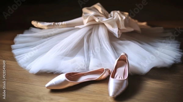 Fototapeta Ballet Tutu and Pointe Shoes on Wooden Floor. Horizontal.