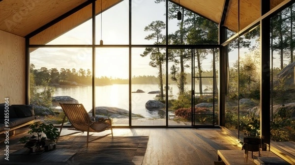 Fototapeta Modern cabin with large windows overlooking lake.