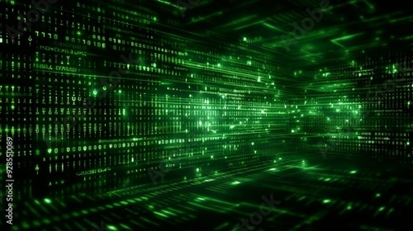 Fototapeta Abstract digital green code background with glowing lines and numbers.