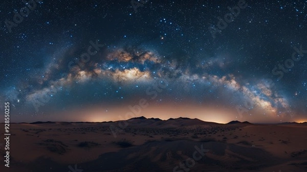 Fototapeta A breathtaking night sky with the Milky Way galaxy arching over a desert landscape.