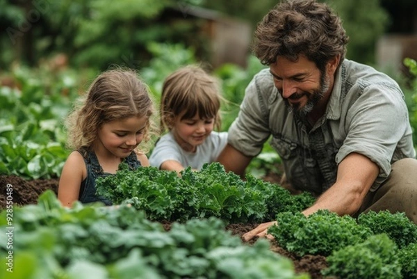 Fototapeta A family tending to their vegetable garden. Generative AI