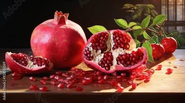 Fototapeta Cut fresh pomegranate and green leaves on wooden table. Neural network ai generated art