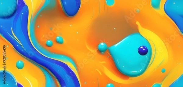 Fototapeta Abstract wallpaper with colorful turquoise and yellow blobs and liquid shapes on a orange background