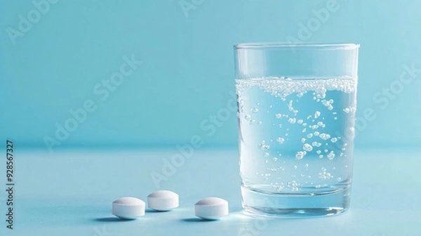 Obraz Effervescent Tablet Dissolving in Glass of Water on Light Blue Background