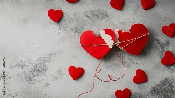 Obraz Connected Halves of Torn Paper Heart with Red Thread