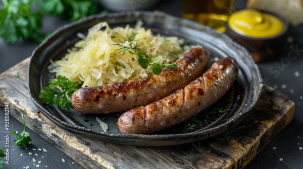 Fototapeta Tasty grilled Bratwurst Sausages with Mustard Served on Rustic Plate with Sauerkraut. A dish for beer