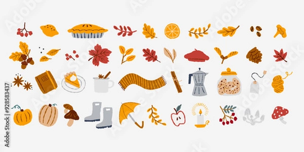 Obraz Various cozy autumn design elements. Collection of vector hand drawn illustrations. All elements are isolated.
