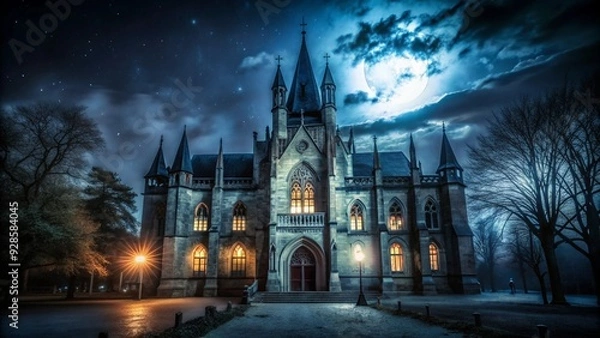 Fototapeta An old, gothic church stands under a full moon with stars in the sky.