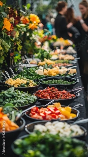 Fototapeta A vibrant display of fresh vegetables and fruits arranged in bowls at a lively gathering, showcasing healthy eating choices.