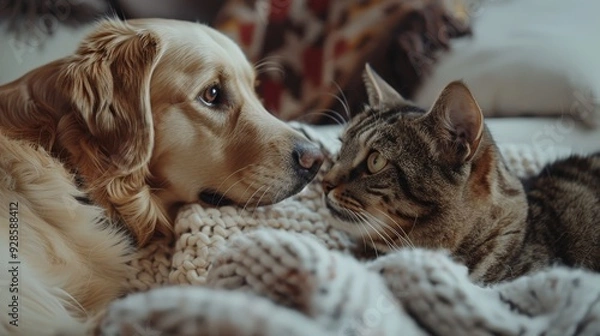 Fototapeta Golden Retriever and Tabby Cat on Blanket