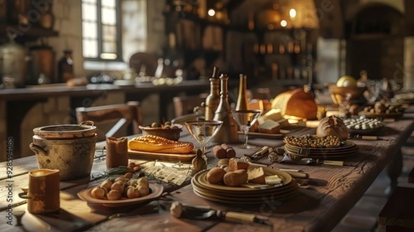 Fototapeta A long table set with ancient dishes, bread, and wine in an ancient room