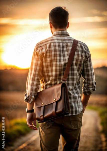 Obraz Missionary man with suitcase on his back walking through the field at sunset taking the Word of God