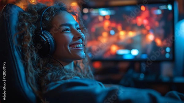 Fototapeta A gamer leaning back in their chair, smiling, headset on, as they celebrate a victory with their remote teammates, with the game screen showing the winning scene, with copy space