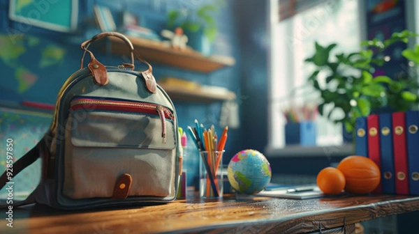 Obraz School Classroom with Backpack, Globe, and Chalkboard: Back to School Vibes