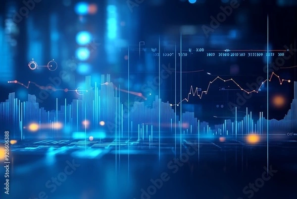 Fototapeta Dark-themed futuristic financial data analysis image with glowing line graphs and charts, blurred background.