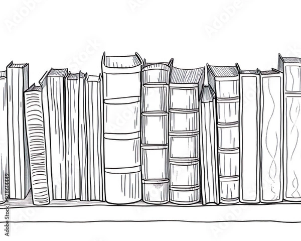 Fototapeta Book Collection - books, illustration, drawing, bookshelf, library, sketch, black and white, literature, reading, study, art, stack of books, knowledge, education