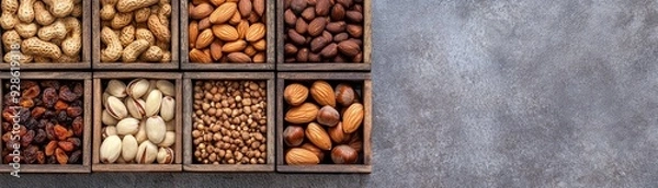 Fototapeta A top view of assorted nuts in wooden boxes, showcasing a colorful variety of textures and shades, perfect for healthy snacking.
