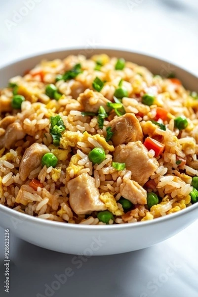 Fototapeta Chicken Fried Rice, A popular variation that includes pieces of chicken, along with common ingredients like eggs, vegetables, and soy sauce, isolated on white background