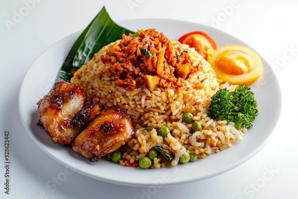 Fototapeta Javanese Fried Rice, Originating from Java, this fried rice is characterized by its use of sambal (chili paste) and petai (stink beans). isolated on white background