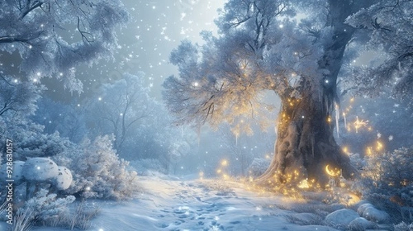 Fototapeta Enchanted winter forest with glowing lights and falling snowflakes