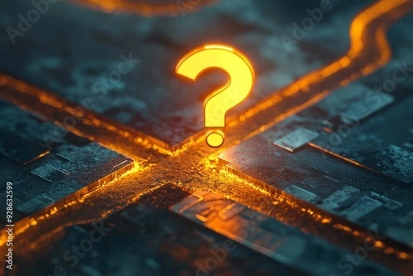 Fototapeta A glowing question mark icon hovering over a crossroads, representing a difficult decision or choice. 