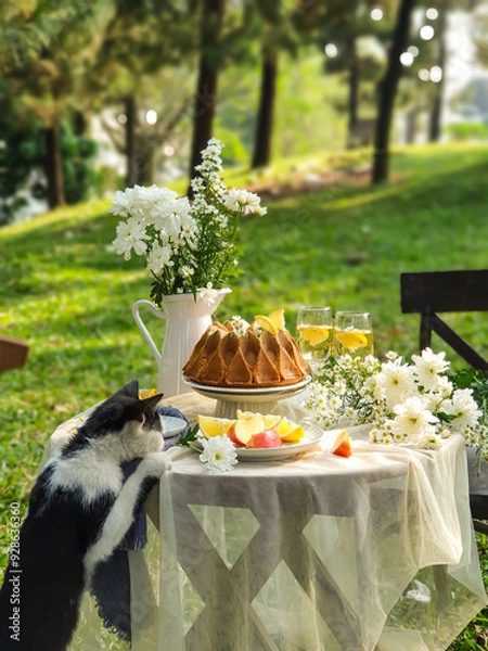 Obraz Chamomile flowers, books, glass teapot and cup with herbal tea on table in garden, natural background. summer season. relax time. useful calming tea. tea party outdoor