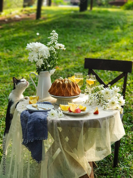 Fototapeta Chamomile flowers, books, glass teapot and cup with herbal tea on table in garden, natural background. summer season. relax time. useful calming tea. tea party outdoor