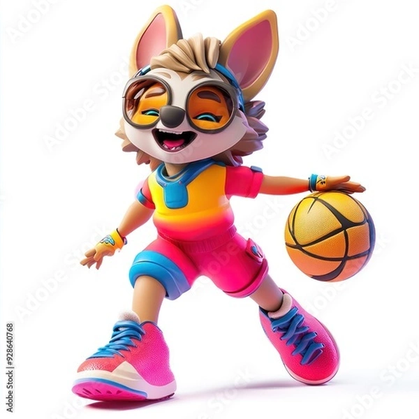 Fototapeta A playful animated character, a dog, dribbling a basketball in vibrant sports attire.