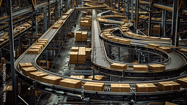 Obraz Boxes on a conveyor belt in a warehouse, illustrating the logistics process of moving and sorting items efficiently. The image captures the organized flow and operation of warehouse logistics.

