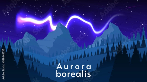 Fototapeta Vector illustration, flat style design. Night landscape illustration with aurora. Design for banner, wallpaper, poster, invitation.