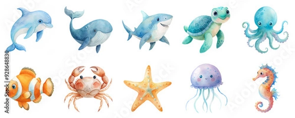Fototapeta Sea creatures in watercolor illustration set. Cute icons collection of of featuring various aquatic animals isolated on transparent background.