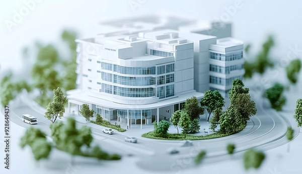 Fototapeta A detailed architectural model of a hospital building, highlighting modern design elements and intricate details with visible blueprints on the floor plan.