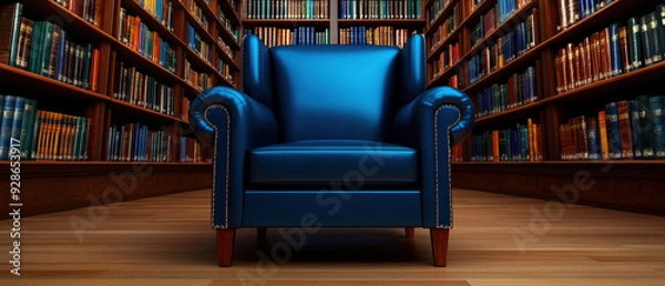 Fototapeta Cozy blue armchair in a library, surrounded by shelves filled with books, creating a warm and inviting ambiance for reading.